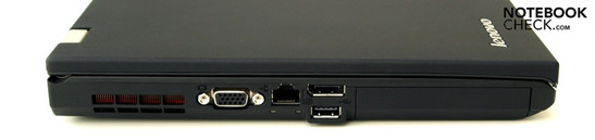 Linke Seite: Lüfter, VGA, RJ-45 (LAN), 2x USB-2.0, Festplattenslot