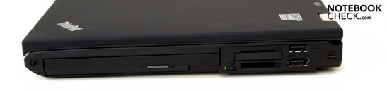 Rechte Seite: Kombi-Audio-Buchse, optisches Laufwerk, ExpressCard/34, 4-in-1 Kartenleser, USB-2.0, USB-eSATA-Kombi-Port, Kensington-Security-Slot