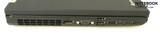 Linke Seite:Lüfter, Displayport VGA, 2x USB, USB/eSATA Kombi, FireWire, WiFi-Hauptschalter