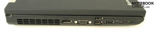 Linke Seite:Lüfter, Displayport VGA, 2x USB, USB/eSATA Kombi, FireWire, WiFi-Hauptschalter