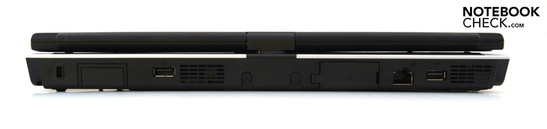 Rückseite: Kensington Security Slot, SIM-Slot, USB-2.0, VGA, RJ45 (LAN), USB-2.0