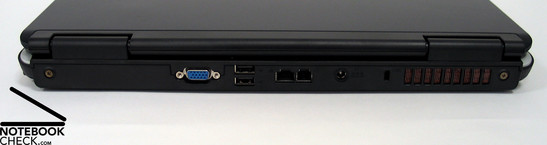 Rückseite: VGA Out, 2x USB 2.0, LAN, Modem, Netzanschluss, Kensington Lock, Lüfter
