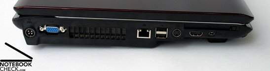 Linke Seite: Netzanschluss, VGA-Out, Lüfter, LAN, 2x USB 2.0, S-Video, HDMI, Firewire, Expresscard