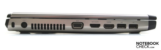 Linke Seite: Kensington Security Slot, Stromanschluss, Lüfter, VGA, USB-eSATA-Kombi, HDMI, 2xUSB-2.0