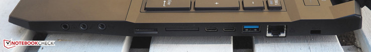rechte Seite: 3x Audio, SIM, Cardreader, 2x USB 3.1 Gen2 Typ C, USB 3.0, RJ45-LAN, Kensington