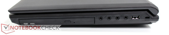 rechte Seite: opt. Laufwerk (Blu-Ray-RW), Audio (Kopfhörer, Mikrofon, LineIn, LineOut), USB 2.0, Kensington Lock