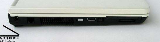 linke Seite: Netzanschluss, Modem, Lüfter, USB, Firewire, ExpressCard, Cardreader