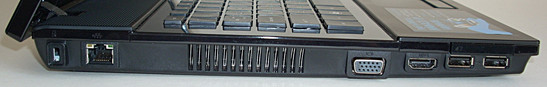 Left: Kensington Lock, LAN, vents, D-Sub/VGA, HDMI, ExpressCard/34, 2x USB