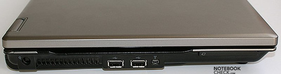 Linke Seite: Stromanschluss, Lüfteröffnung, 2x USB, FireWire, ExpressCard