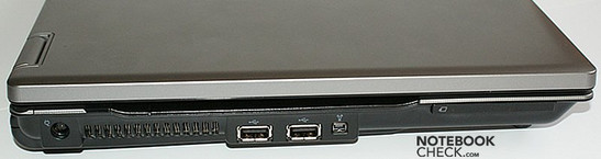 Linke Seite: Stromanschluss, Lüfteröffnungen, 2x USB, FireWire, ExpressCard