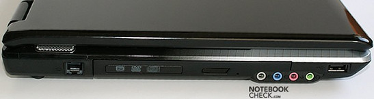 Left side: modem, optical drive, audio, USB