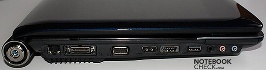 Linke Seite: Stromanschluss, LAN, Erweiterungsport, VGA, HDMI, USB/eSATA, USB, SPDIF, Mikrophon, Kopfhörer
