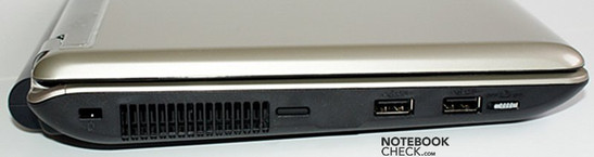 Linke Seite: Kensington Lock, Lüftungsschlitze, 2x USB, WiFi Schalter