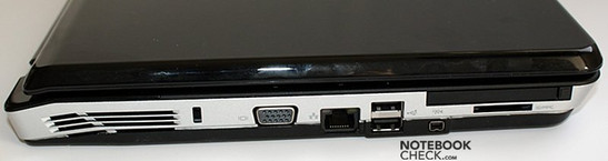 Linke Seite: Lüfteröffnungen, Kensington Lock, VGA, LAN, 2x USB, PCMCIA, CardReader, FireWire