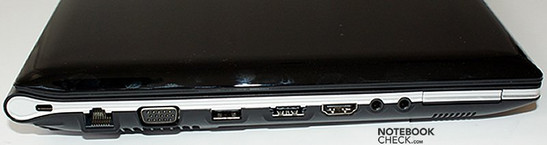 Linke Seite: Kensington Lock, LAN, VGA, USB, USB/eSATA, HDMI, Audioports, ExpressCard/34