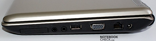 Rechte Seite: ExpressCard34, Audio-out/SPDIF, Audio-in, USB, VGA, LAN, Netzanschluss