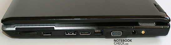 Right side: ExpressCard, cardreader, USB, eSATA/USB, HDMI, LAN, VGA, power socket, antenna