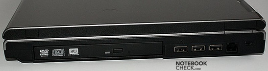 Rechte Seite: Optical Drive, 3x USB, Modem, Kensington Lock