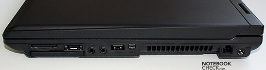 Rechte Seite: Kartenleser, e-SATA, ExpressCard, Audio-out (SPDIF), Audio-in, USB, FireWire, Lüfteröffnung, Modem, Stromanschluss
