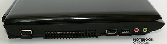 Linke Seite: VGA, Lüftungsschacht, HDMI, USB, Mikrofon, Kopfhörer