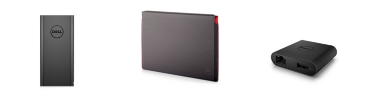 Bild Dell, v. l. n. r.: Dell Power Companion (externer Akku), Dell-Premier-Hülle, Dell USB Typ-C Adapter