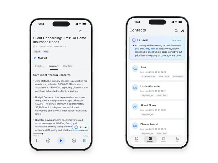Links eine typische Zusammenfassung. Benannte Personen können einer Kontaktliste zugefügt werden.