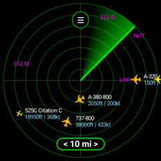 Anzeige im Radar-Stil in der Flight Scanner-App