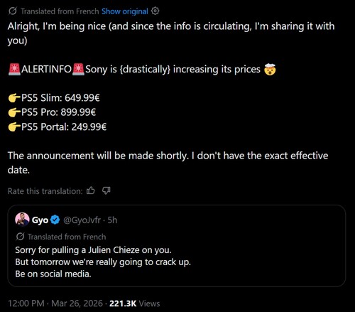 Maschinell übersetztes Gerücht über eine Preiserhöhung der PS5 auf X