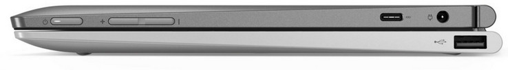 Rechte Seite - Tablet: Einschaltknopf, Lautstärkewippe, USB 3.1 Gen 1 (Typ C; Power Delivery, Displayport), Netzanschluss; rechte Seite - Dock: USB 2.0 (Typ A)