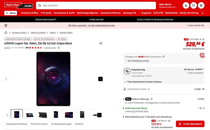 Das Lenovo Legion Tab 3 wäre dank einer Rabattaktion (Mehrwertsteuer geschenkt) bereits für 445,37 Euro zu bekommen.