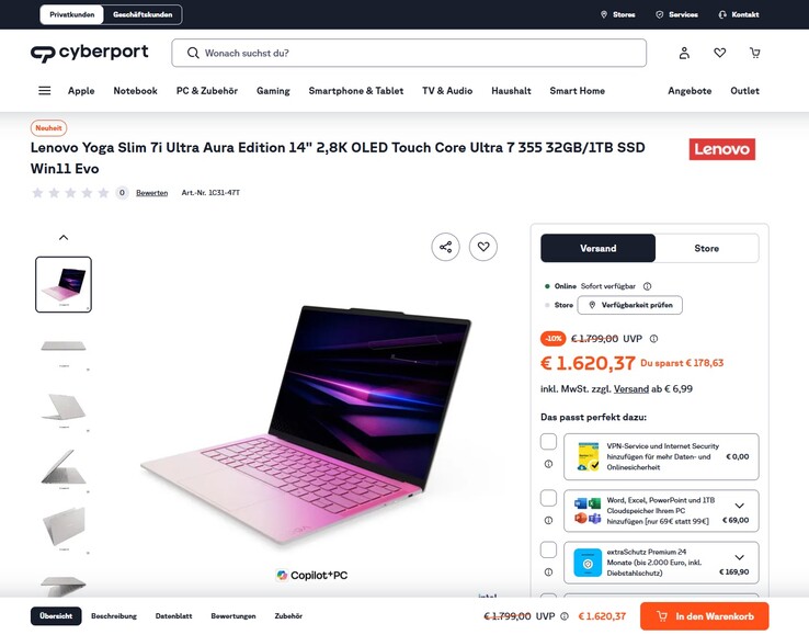 Lenovo Yoga Slim 7 Ultra 14IPH11 83QK0052GE für 1.620,37 Euro.