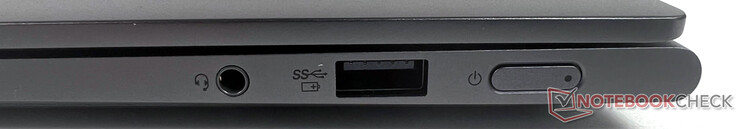 Rechts: 1x USB 3.2 Gen-1 (5GBit/s, powered), 1x 3,5-mm-Klinke (Mic-In/Audio-Out kombiniert)