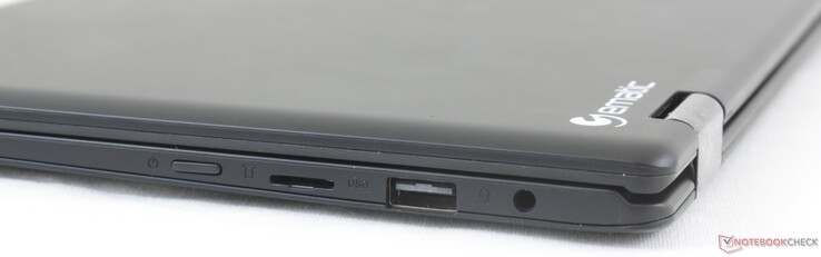 Rechts: Ein/Ausschalter, MicroSD-Kartenleser, USB 2.0, 3,5-mm-Headset