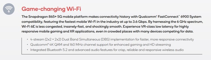 Der Qualcomm Snapdragon 865+ bringt mit Wi-Fi 6E und Bluetooth 5.2 praktische neue Features.