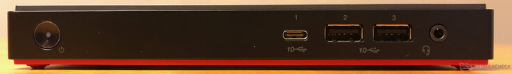 Vorderseite: Ein-/Ausschaltknopf, USB 3.1 (Gen. 2) Typ-C, 2x USB 3.1 (Gen. 2) Typ-A, Headset-Anschluss