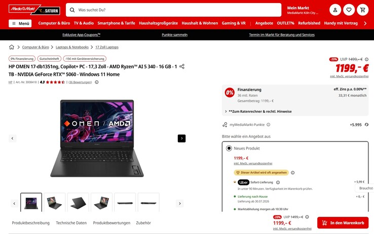 HP Omen 17-db1351ng für 1.199 Euro.