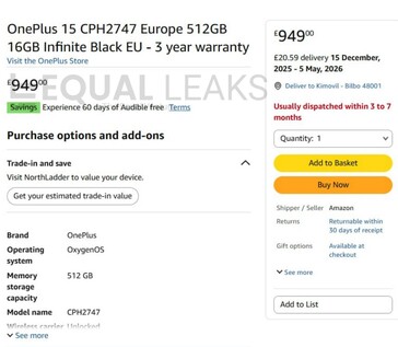 OnePlus 15 Produktseite von Amazon UK (Bildquelle: Equal Leaks)