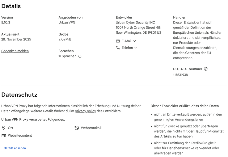 Details zu Urban VPN im Chrome Web Store (Screenshot)