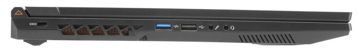 Linke Seite: Steckplatz für ein Kabelschloss, USB 3.2 Gen 1 (USB-A), USB 2.0 (USB-A), Mikrofoneingang, Audiokombo