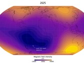 Eine Darstellung der Südatlantischen Anomalie im Jahr 2025 (Bildquelle: Finlay, C.C. et al., 2025; Ausschnitt)