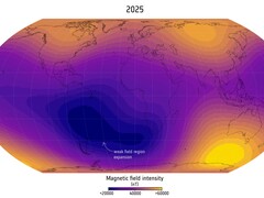 Eine Darstellung der Südatlantischen Anomalie im Jahr 2025 (Bildquelle: Finlay, C.C. et al., 2025; Ausschnitt)