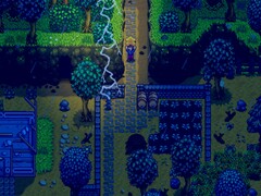 Stardew Valley Steam-Screenshot zeigt einen Charakter, der einen Stern in einem Gewittersturm hält