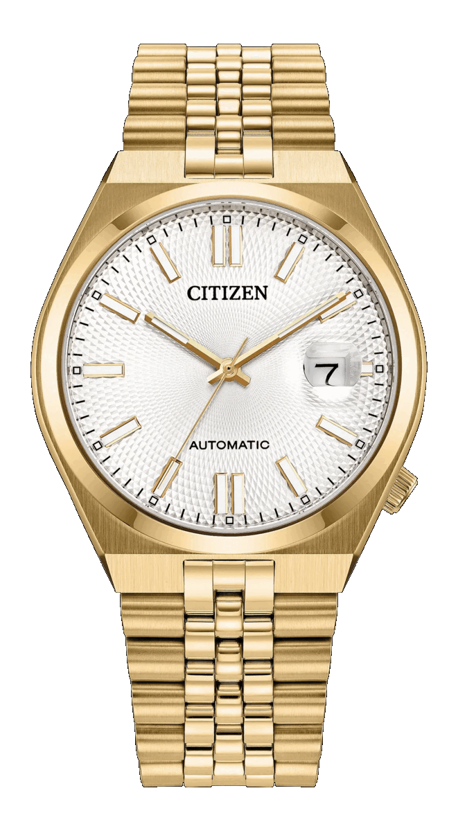 Citizen Tsuyosa 60 mit goldfarbenem Edelstahlgehäuse, Jubilee-Armband, guillochiertem Zifferblatt und Zykloplupe