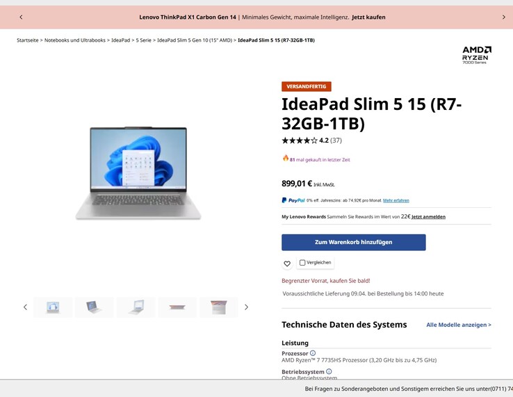 Lenovo IdeaPad Slim 5 15ARP10 (83J30041GE) für 899,01 Euro.