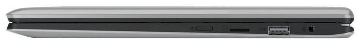 Rechte Seite: Einschaltknopf, Speicherkartenleser (MicroSD), USB 2.0 (Typ A), Audiokombo