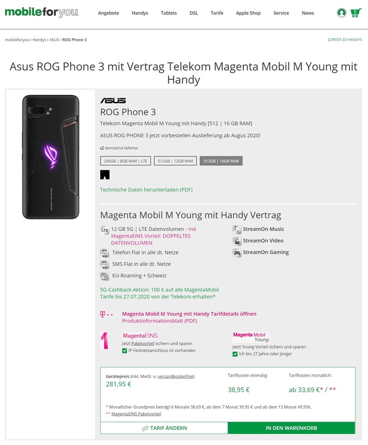 Die MobileForYou-Webseite listet bereits alle Specs zu drei Asus ROG Phone 3-Modellen.