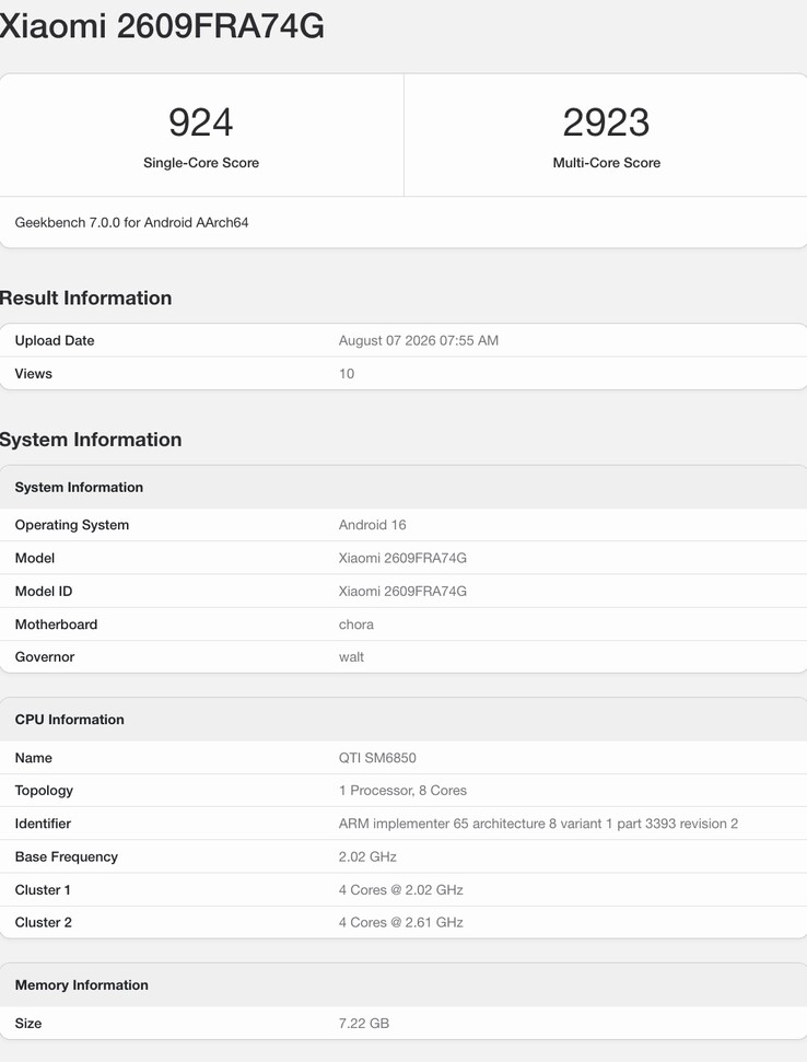 Das Redmi Note 17 Pro Max im Geekbench 7 Benchmark