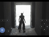 Ein über DroidDeck auf Android ausgeführtes PC-Spiel mit einer verschneiten Landschaft und virtuellen Steuerungstasten
