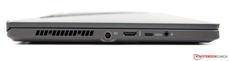 Rechts: Netzanschluss, HDMI 2.0b, USB-C 3.2 Gen. 2 (mit DP, PD und G-Sync), kombinierter 3,5-mm-Audioanschluss