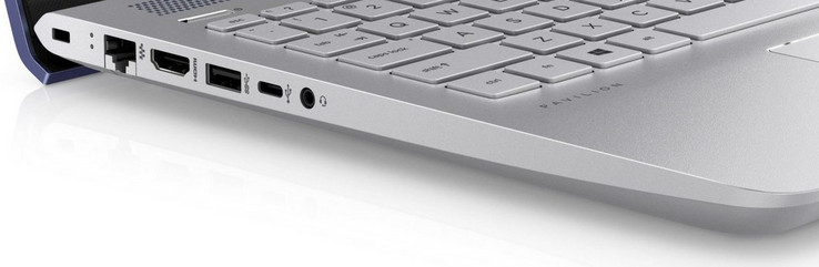 linke Seite: Steckplatz für ein Kabelschloss, Gigabit-Ethernet, HDMI, 2x USB 3.1 Gen 1 (1x Typ-A, 1x Typ-C), Audiokombo